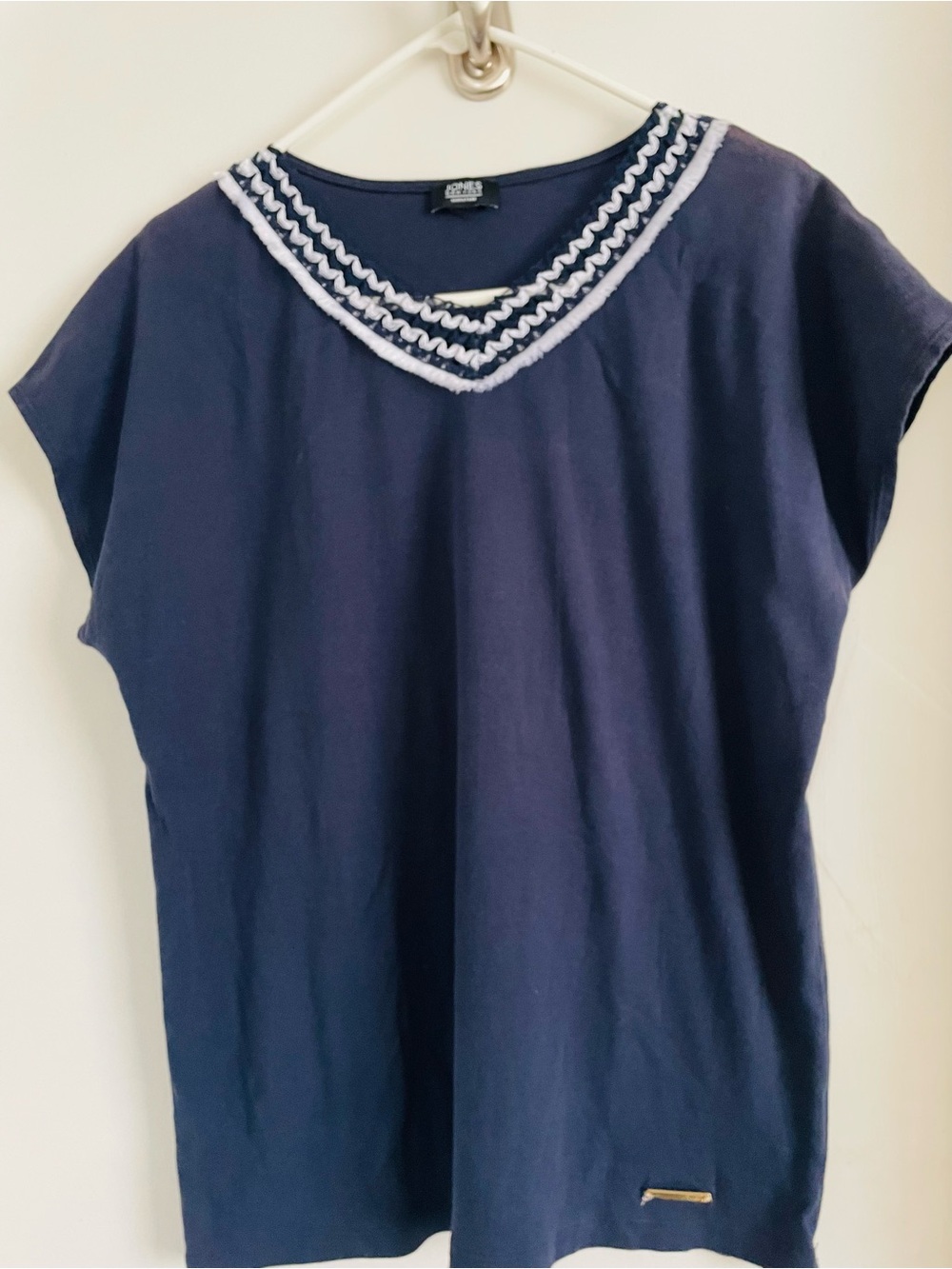 Jones New York Navy Short Sleeve Top with White Braided V-Neck